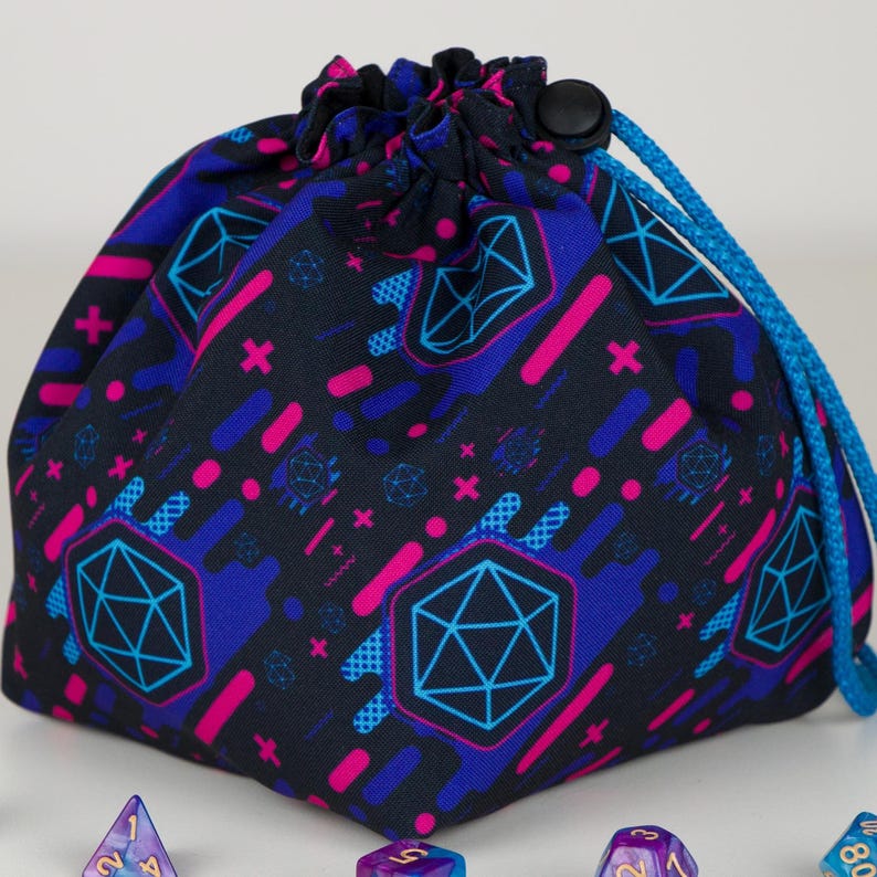 Dark fantasy dice bag, d20 print on blue gabardine, handmade rpg pouch