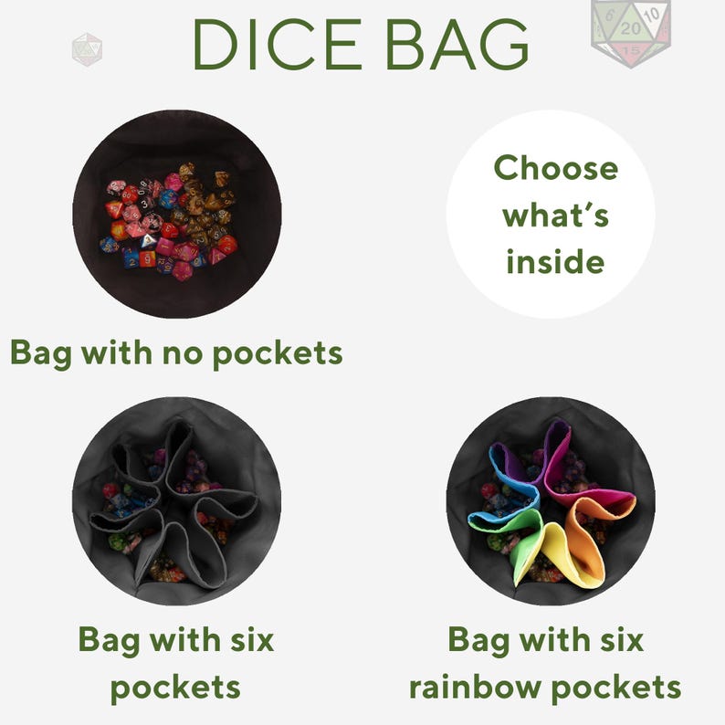以下が含まれることがあります： 緑色の「DICE BAG」の文字が入った黒いサイコロバッグ。画像には、ポケットなし、6つのポケット、6つのレインボーポケットが付いたバッグが表示されています。「中身を選択」というフレーズも表示されています。