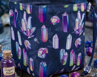 Crystal dice bag with pockets, dnd gift for her, gemstone drawstring pouch for tabletop rpg