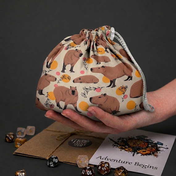 Dnd dice bag capybara, rpg gift for her, handmade dice pouch