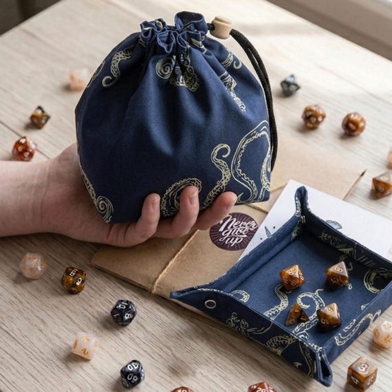 Octopus dice bag, gift for tabletop rpg player, handmade dice bag tray