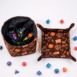 Mushroom dice bag with pockets, cottagecore rpg pouch, dice bag tray set