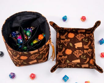 Mushroom dice bag with pockets, cottagecore rpg pouch, dice bag tray set