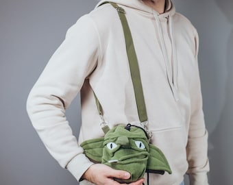 Wearable goblin dice bag with shoulder strap, plush dnd pouch on the go for game night and tabletop trips