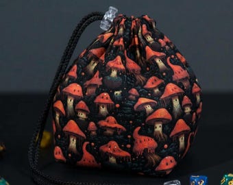 Mushroom dice bag with 6 pockets, rpg dice storage, family game night