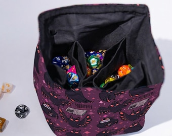 Mothman dice pouch with pockets, holds multiple sets, handmade dnd bag