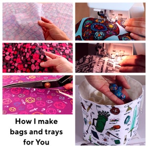 May include: A collage of images showing the creation of bags and trays. The process includes cutting fabric with scissors, sewing with a machine, and holding dice. The text "How I make bags and trays for You" is at the bottom.