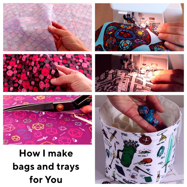 May include: A collage of images showing the creation of bags and trays. The process includes cutting fabric with scissors, sewing with a machine, and holding dice. The text "How I make bags and trays for You" is at the bottom.