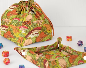 Mushroom dice bag and tray set for dnd, cottagecore rolling tray for rpg players
