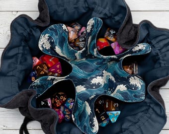 Bolsa para dados de La Gran Ola, bolsa de D&D de Hokusai, bolsa de rol hecha a mano con seis bolsillos.