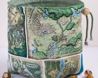 Map dice bag, fantasy adventure pouch, handmade gabardine rpg accessory