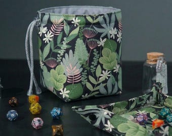 Green leaf dice bag tray, nature themed rpg pouch, handmade dnd set
