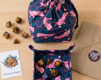 Axolotl dice bag and tray set, gift for tabletop player, handmade dnd bag