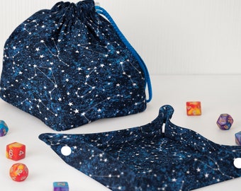 Star constellation dice bag and tray set for dnd, galaxy rolling tray for rpg players