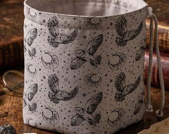 Wise owl dice bag with pockets for dnd, gray wizard dice pouch for tabletop rpg