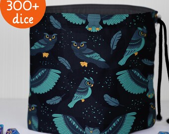 Owl dice bag with pockets for dnd, dark woodland drawstring pouch for rpg