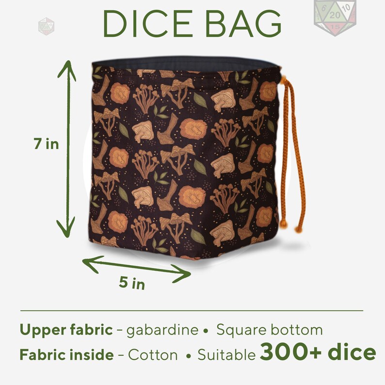 May include: A black dice bag with a mushroom and leaf pattern, featuring an orange drawstring closure. The bag has a square bottom, measures 7 inches in height and 5 inches in width, and is made of gabardine fabric with a cotton interior lining.