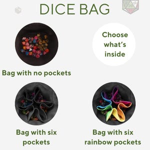 Puede incluir: Una bolsa de dados negra con el texto "DICE BAG" en verde. La imagen muestra la bolsa sin bolsillos, con seis bolsillos y seis bolsillos arco&iacute;ris. Tambi&eacute;n se muestra la frase "Choose what's inside".