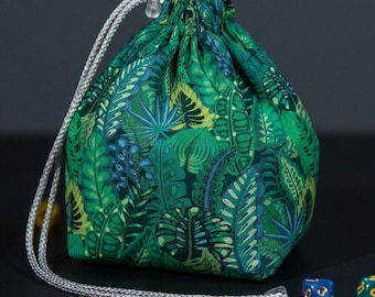 Forest dice bag with pockets for dnd, green fern dnd dice pouch for ranger and druid