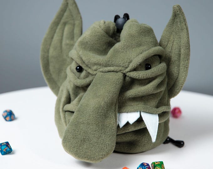 Collectible plush goblin dice pouch, handmade dnd plushie for fantasy lovers, ttrpg shelf display gamer gift