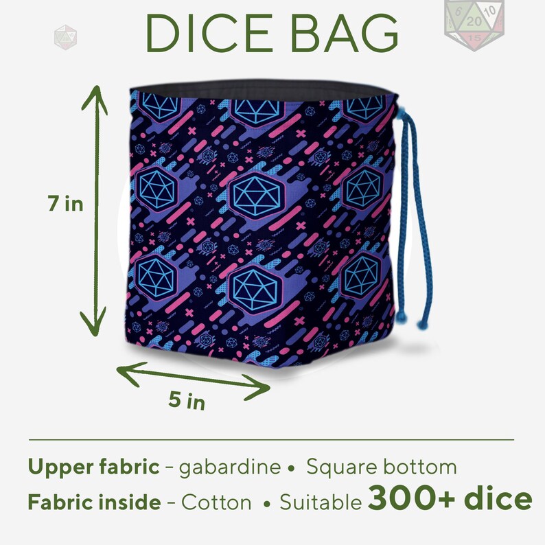 Puede incluir: Una bolsa de dados con un fondo azul oscuro y un patr&oacute;n repetido de formas geom&eacute;tricas en azul y rosa. La bolsa mide 17,78 cm de alto y 12,7 cm de ancho. El texto "DICE BAG" est&aacute; en la parte superior.