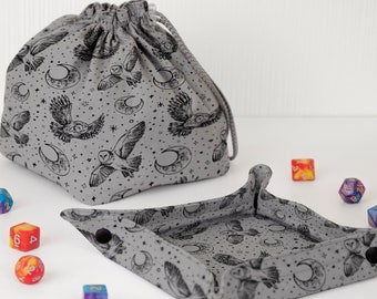 Owl dice bag with inner pockets and foldable dice tray for tabletop play