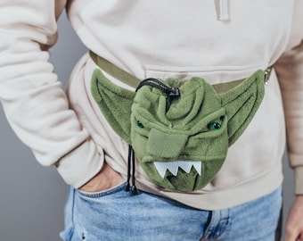 Belt clip goblin dice bag for daily carry, plush dnd hip pouch for gamer edc, fantasy waist accessory for game store