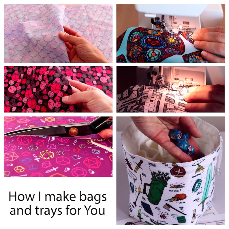 Puede incluir: Un collage de im&aacute;genes que muestran la creaci&oacute;n de bolsas y bandejas. Incluye tela con varios patrones, uso de m&aacute;quina de coser, tijeras y una bolsa terminada con dados. El texto dice "How I make bags and trays for You."