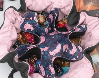 Bolsa para dados de terciopelo con diseño de ajolote, bolsa para juegos de rol con bolsillos, bolsa para dados hecha a mano con cordón