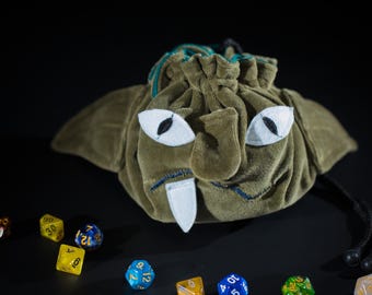 Goblin velvet dice bag with 6 pockets for dnd, custom embroidered rpg pouch