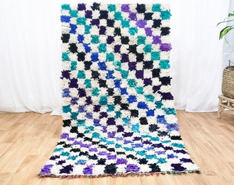 Boucherouite Rug 3.2 x 6 ft Tribal Moroccan Rug, Grid Rug, Traditional Berber Carpet, Rag Rug, Checkered Colorful Rug