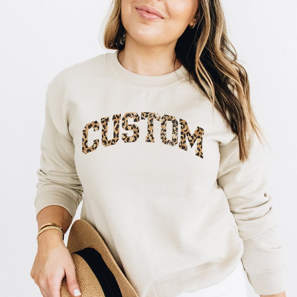 Leopard Print Custom College Distressed Text Unisex Crewneck Sweatshirt, Customizable Leopard Print Gift, Comfy Crewneck Pullover Sweatshirt