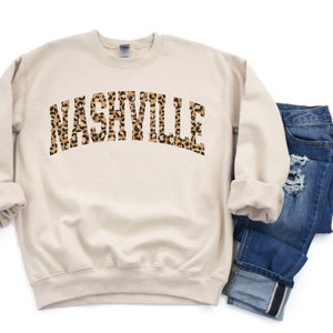 Nashville Leopard Print College Style Unisex Crewneck Sweatshirt or Tee, Cute Nashville Tennessee Graphic Tee Pullover Sweatshirt Hoodie