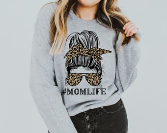 Leopard Print Mom Life Crewneck Sweatshirt Cute Skull Messy Bun Leopard Print Gift Comfy Crewneck Pullover Sweatshirt