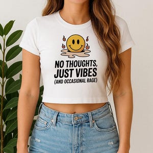 No Thoughts Just Vibes Baby Tee, Trendy Funny Gen Z 90&#39;s Style Baby Tee, Y2K Style Shirt