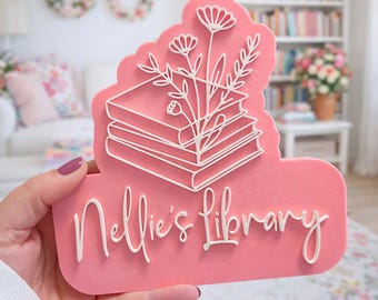 Floral Custom Library Sign, Customizable Name Dainty Book Decor