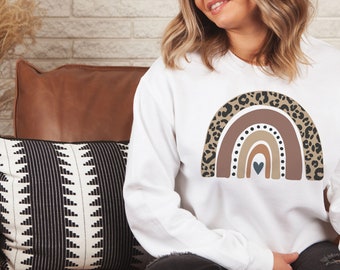 Leopard Print Rainbow Sweatshirt: Boho Crewneck Pullover