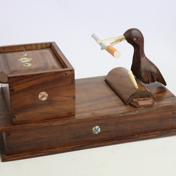 vintage wooden cigarette dispenser bird, cigarette holder, carved soviet desk cigarette case, keeper, cigar case, ussr handmade souvenir