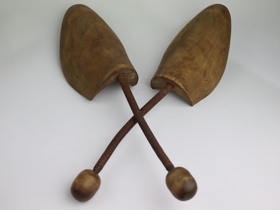 vintage wooden shoe stretchers, old wooden shoe lasts, antique wooden boots form holder, cobbler decor, shoe shop style, shoemaker decor