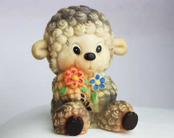 little sheep with flowers, baa-lamb toy, vintage rubber lamb yeanling, vintage poddy toy, vintage toy