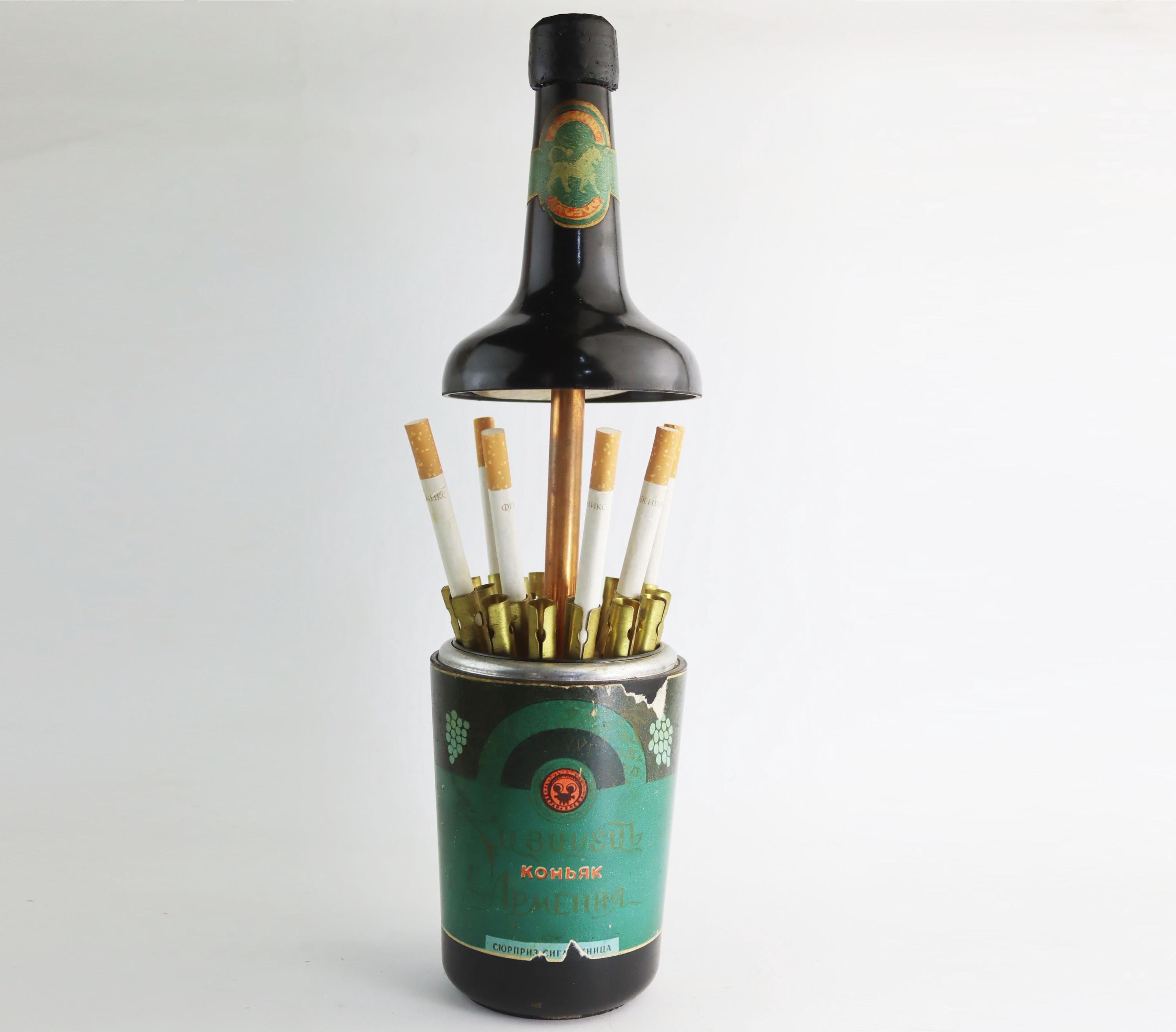 bottle cigarette dispenser Rare Vintage Cigarette Holder in Alcohol Bottle Form, Soviet Desk Case,  Keeper Cigarette Dispenser Carousel, Vodka Cognac Bottle, Samogon