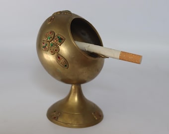 Vintage Brass Ball Ashtray, Mid Century India Enamel Decor, Space Age Spherical Tobacciana, 1960s Boho Desk Accessory, Windproof Brass Pot