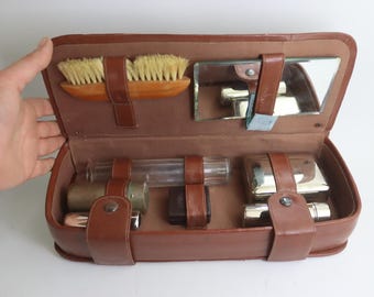 Vintage Soviet Travel Grooming Kit, 1970s USSR Toiletry Set in Faux Leather Case, Men's Shaving Set, Retro Gift for Him, Vanity Case
