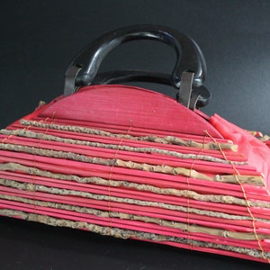 vintage bamboo handbag, antique chinese bag, wooden bag, summer bag, holiday bag, vacation gripsack, small carpetbag