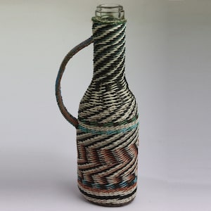 0.3 liters vintage Bulgarian handwork braid bottle, large Bulgaria wine braid bottle, silistra kamishit big bottle, wicker covered wine jug