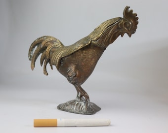 Vintage Spelter Rooster Ashtray, Mid Century French Country Decor, Antique Metal Chicken Figurine, Hinged Bird Sculpture, 1960s Collectible