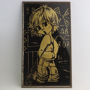 May include: A gold-colored illustration of a child wearing a tank top and jeans, standing in front of a black background with gold-colored text that reads "AB" and "ROR".