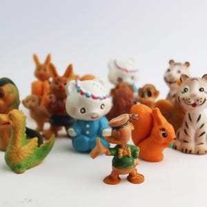 soviet miniature rubber toys. vintage cartoon russian made in ussr toy. poodle dog. doggy. artemon. cat. kitten. little baby. fox. baby fox