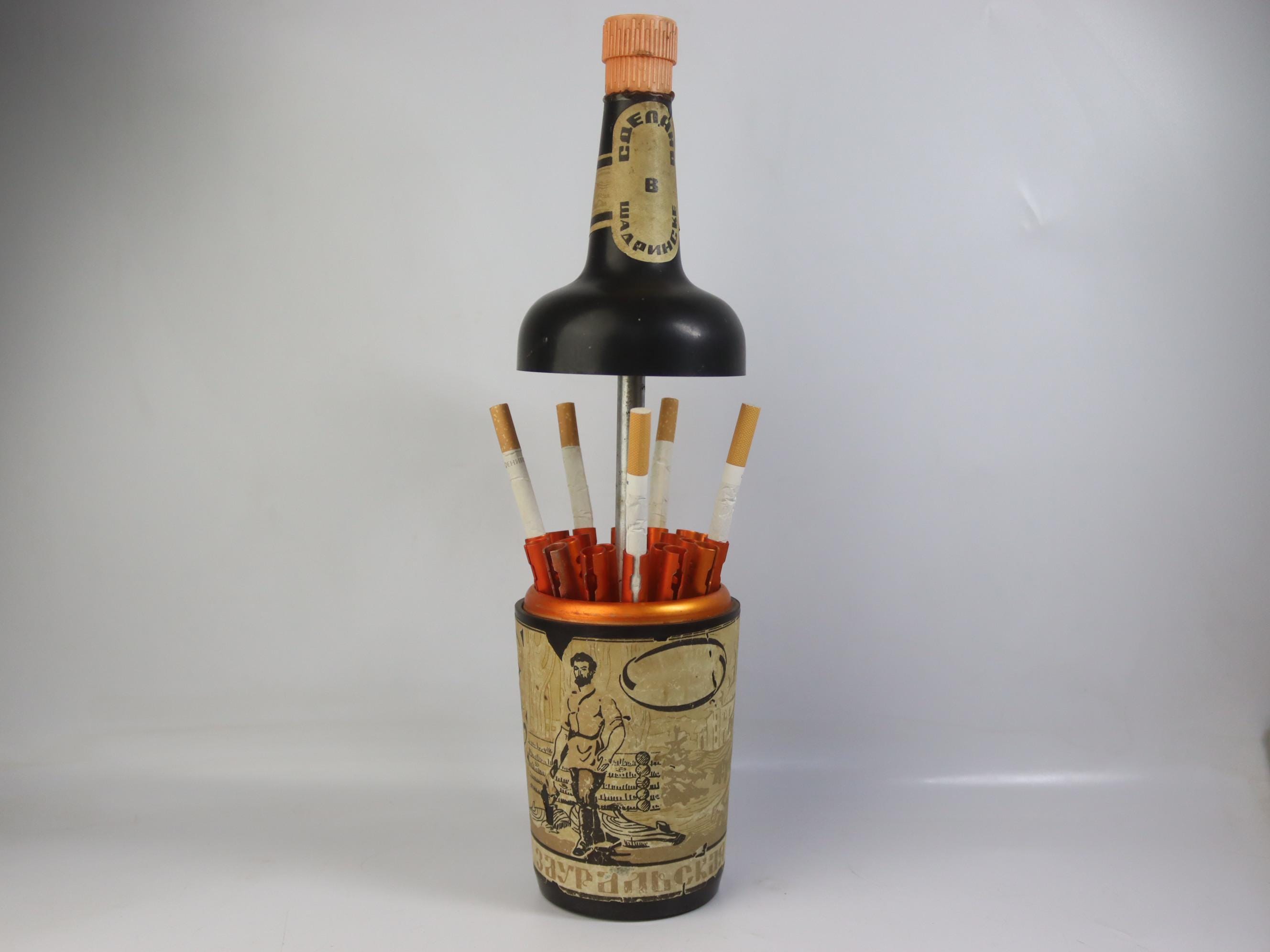 vintage cigarette holder in alcohol bottle form, soviet desk cigarette case, keeper, cigarette dispenser carousel, vodka bottle, samogon
