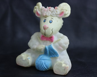 little sheep knitter, knitting needles, knitting, ball, baa-lamb toy, vintage rubber lamb yeanling, vintage poddy toy, vintage toy
